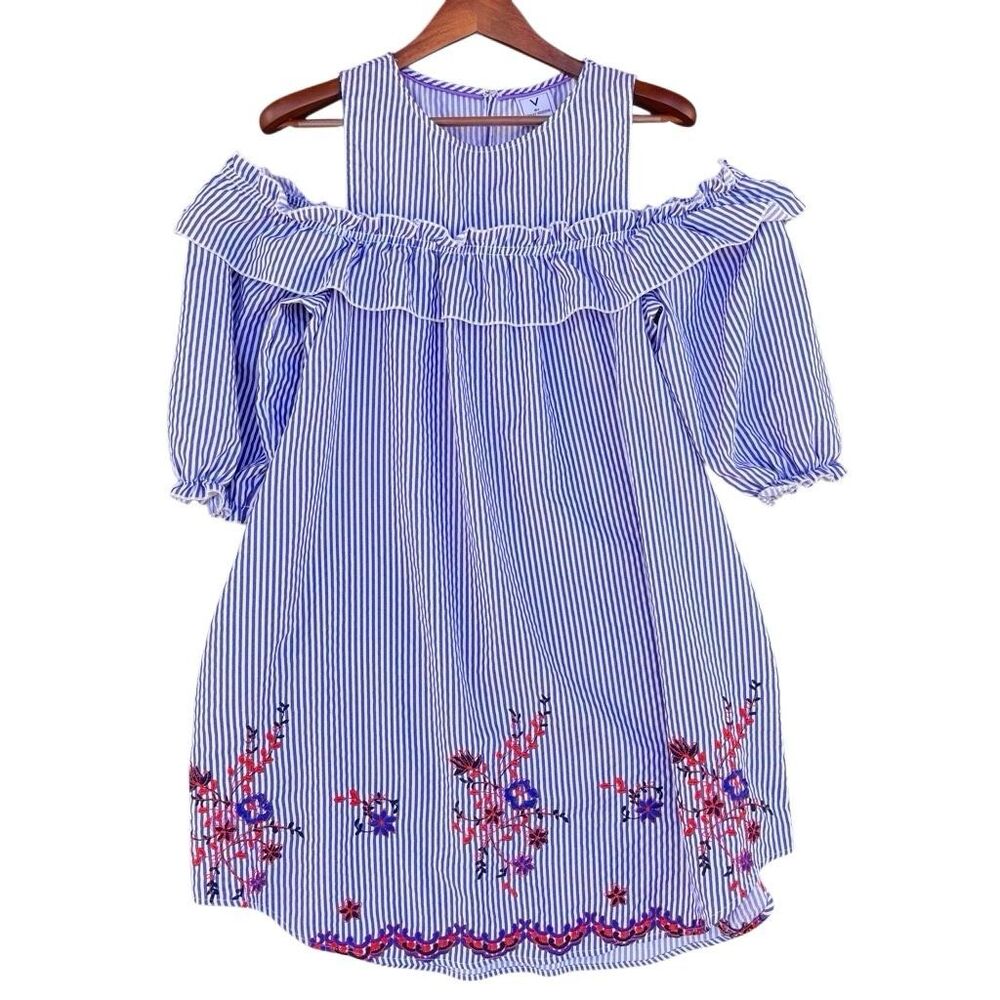 V by Violet Weekend Cold Shoulder Boho Dress XL Blue White Striped Embroidered